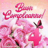 Buon compleanno 4 anni in questa GIF animata con un numero rosa gigante, rose eleganti e una farfalla posata su uno sfondo sfumato e scintillante.