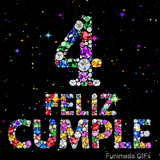 Imagen que muestra el número 4 y el texto FELIZ CUMPLE creados mediante piedras preciosas multicolores frente a un fondo negro estrellado.