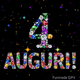 Il numero 4 e la scritta Auguri realizzati in cristalli luminosi di vari colori, che spiccano su una tela nera piena di piccole stelle animate.