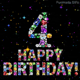 Bright colored crystals shape the number 4 and Happy Birthday lettering on a black canvas, while tiny animated stars shimmer in the surrounding space.