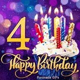 A frosted cupcake in a blue wrapper with lit candles sits next to the gold number 4 and cursive Happy Birthday text over a purple bokeh backdrop.