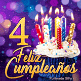 GIF de Feliz Cumpleaños 4 años con el número 4 dorado, una tarta festiva y velas relucientes sobre fondo violeta.