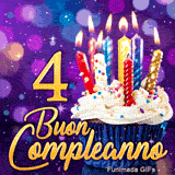 GIF di Buon Compleanno 4 anni con il numero 4 dorato, una tortina festosa e candele brillanti su sfondo violetto.