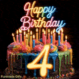 Animated GIF showing a revolving rainbow cake decorated with lit candles and a glowing gold number 4 on black background.