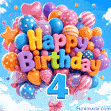 A bright blue sky with white clouds serves as the background for a moving bunch of festive balloons, 3D Happy Birthday text, and a blue 4.