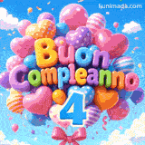 Sotto un cielo azzurro punteggiato di nuvole bianche, palloncini festosi in movimento portano il testo Buon Compleanno e un grande numero azzurro 4.