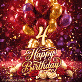 Festive balloons rise over gift boxes and blooming roses as the large golden 4 and Happy Birthday text appear with confetti and light sparkles on a red background