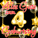 A vibrant greeting card featuring colorful balloons in the background with the large number '4' and the words 'Happy Birthday!' in glowing, bold text