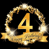 A golden 4th birthday GIF features a decorative circle and ribbon. The design sparkles with light and gold accents against a black background.
