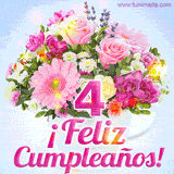 GIF de un colorido ramo de flores rosas, lilas y blancas, con el número 4 destacado en rosa y el mensaje '¡Feliz cumpleaños!' en un estilo encantador.