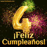 GIF animado con globos dorados en forma del número 4, acompañado de fuegos artificiales de colores y la frase '¡Feliz cumpleaños!' en letras vibrantes.
