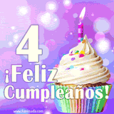 Animación de un cupcake con cobertura blanca, confites de colores, una vela encendida y el número 4 en grande sobre un fondo púrpura con luces brillantes.