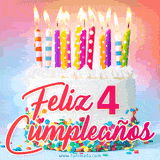GIF animado con un pastel blanco decorado con confites y velas de colores encendidas, acompañado de la frase 'Feliz 4 cumpleaños' sobre un fondo alegre.
