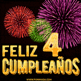 GIF animado con el número 4 en dorado, rodeado de fuegos artificiales rojos, verdes y morados, con el mensaje 'Feliz cumpleaños' en letras doradas.