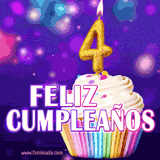 GIF animado de un cupcake decorado con confites, dos velas doradas encendidas formando el número 4, sobre un fondo púrpura brillante con destellos.