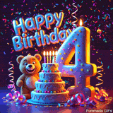 Animated GIF showing a cute teddy bear, a big glowing number 4 candle, a three-tier birthday cake with candles, and colorful confetti falling all around.