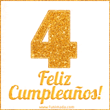 Imagen animada con el número 4 en diseño dorado brillante acompañado de la frase 'Feliz cumpleaños' sobre un fondo blanco simple y elegante.