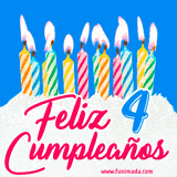 Animación de un pastel decorado con velas coloridas y encendidas, el número 4 destacado en azul y la frase 'Feliz cumpleaños' en letras estilizadas.