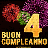 Animazione di fuochi d'artificio colorati con il numero 4 in oro brillante e la scritta 'Buon Compleanno' su uno sfondo nero festivo ed elegante.