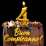 GIF animato con una torta al cioccolato decorata con crema, dettagli dorati e due candele accese che formano il numero 4. Messaggio 'Buon Compleanno' in scritta elegante.
