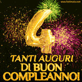 Palloncini dorati a forma del numero 4, accompagnati da scintille e fuochi d'artificio su sfondo nero, con il messaggio 'Tanti auguri di Buon Compleanno!'.