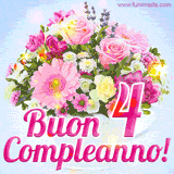Bouquet animato con rose rosa, margherite e altri fiori colorati, con il numero 4 e la scritta 'Buon Compleanno!' in stile elegante e luminoso.
