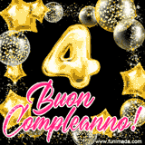 Animazione con palloncini dorati a forma del numero 4, circondati da decorazioni scintillanti e la scritta 'Buon Compleanno!' in caratteri rosa accattivanti.
