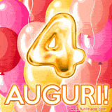 Bouquet animato di palloncini multicolori che emergono da una scatola regalo, con il numero 4 e la scritta 'Tanti Auguri!' su uno sfondo pieno di coriandoli.