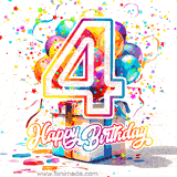A festive birthday age GIF with animated star confetti, colorful balloons, and a gift box with the number 4. The text reads 'Happy Birthday'.