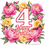 A celebratory GIF image features the animated number '4' and the words 'Happy Birthday!' surrounded by pink and yellow flowers. Two moving butterflies are included in this festive design.