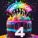 Chocolate cake with cyan layers, pink dressing and a big number 4 adorned with vibrant multicolored frosting, lit candles, and a rainbow topper with text that says 'Happy Birthday'. Animated colorful confetti move behind the cake.
