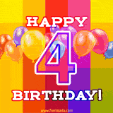 A birthday cake with lit candles is shown with colorful balloons and animated confetti.