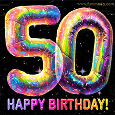 Shiny number 50 birthday celebration balloons with an iridescent glow and glitter on a black background with twinkling stars.