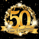 Il numero 50 è circondato da un anello dorato brillante, accompagnato da un nastro elegante con la scritta 'Buon Compleanno!' su uno sfondo scuro.