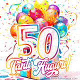 Animazione con palloncini colorati e scintillanti, accompagnata dal numero 50 in caratteri grandi e luminosi, e la scritta 'Tanti Auguri!' in stile vivace.