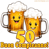 Due boccali di birra sorridenti animati, con il numero 50 e la scritta 'Buon Compleanno!' in caratteri allegri su uno sfondo bianco.
