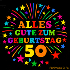 Animiertes GIF 'Alles Gute zum Geburtstag 50 mit bunten Buchstaben und leuchtenden Sternen