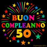 GIF animata 'Buon Compleanno 50' con lettere colorate e fuochi d'artificio