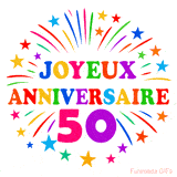 GIF animé joyeux anniversaire 50 ans avec étoiles multicolores et feu d’artifice