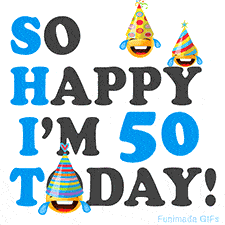 A fun birthday animation celebrating turning 50 with colorful party hats, smiling faces, and cheerful emojis.