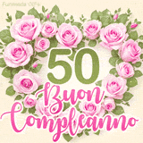 GIF per il 50° compleanno con un cuore di rose rosa e scritta elegante