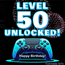 Animated GIF for a 50 birthday. The text 'Level 50 Unlocked!' and 'Happy Birthday!' are displayed over a blue video game controller with exploding fireworks in the background.