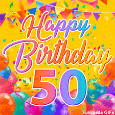 A bright and colorful animation for a 50th birthday, The greeting is set against a yellow backdrop with animated confetti, colorful bunting at the top, and balloons at the bottom.