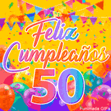 Un GIF animado para un 50º cumpleaños, Muestra el texto 'Feliz Cumpleaños 50' sobre un fondo amarillo vibrante con globos de colores, banderines y una lluvia de confeti.