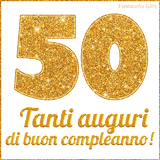 GIF animata per un 50° compleanno, Mostra il numero 50 in grandi caratteri dorati pieni di glitter scintillante, Sotto, la scritta 'Tanti auguri di buon compleanno!' in un elegante oro.