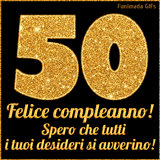 Un GIF animato per un 50° compleanno, Presenta il testo 'Buon Compleanno 50' su uno sfondo giallo vivo con palloncini colorati, festoni e una pioggia di coriandoli.