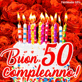 GIF animata per un 50° compleanno, Mostra una torta bianca con candeline colorate accese e coriandoli, di fronte a un muro di rose rosse, Il testo dice 'Buon 50 compleanno!'.
