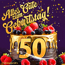 Eine köstlich aussehende animierte Geburtstagskarte für den 50. Geburtstag, dekoriert mit Erdbeeren, Blaubeeren und goldenen Details, Sterne funkeln und fallen, mit 'Alles Gute zum Geburtstag!'-Text.