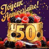 Une animation de célébration d'un gâteau de 50ème anniversaire, Des étoiles dorées tombent du ciel, mettant en valeur le texte 'Joyeux Anniversaire !' et le nombre doré 50 à l'avant du gâteau.