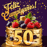 Una animación de celebración de una tarta para el 50º cumpleaños, Estrellas doradas caen del cielo, destacando el texto '¡Feliz Cumpleaños!' y el número dorado 50 en la tarta.